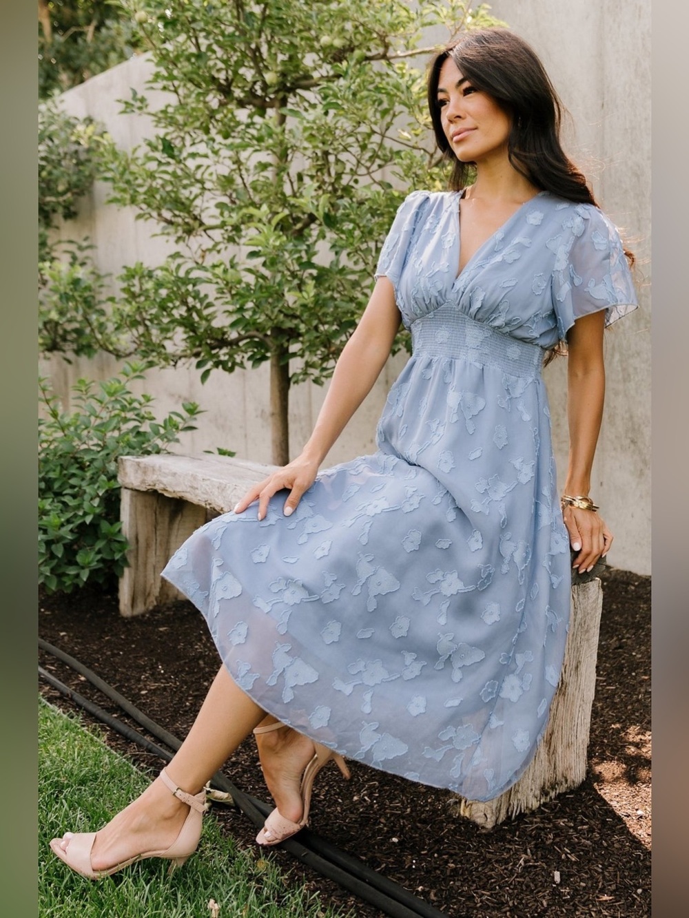 Baltic Born June Smocked V- Neck Midi Dress Women's Blue Floral Maternity Sz 2X